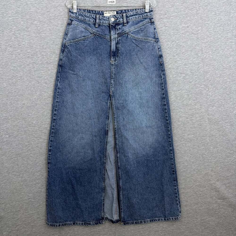 We The Free Womens 6 Blue Denim Come As You Are Maxi Skirt Front Slit Raw